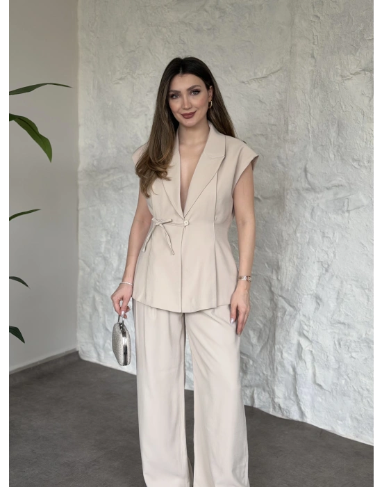 Diagonel kumaş ikili takım krem