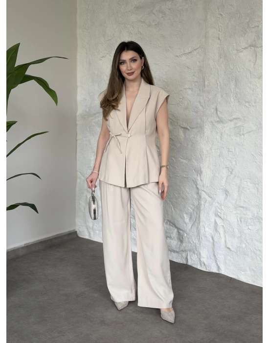 Diagonel kumaş ikili takım krem