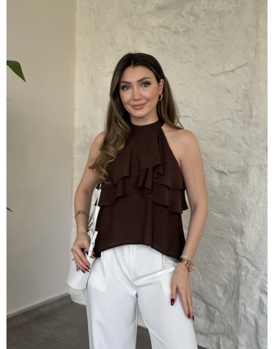 Liosel sıfırkol kat kat bluz kahve