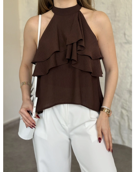 Liosel sıfırkol kat kat bluz kahve