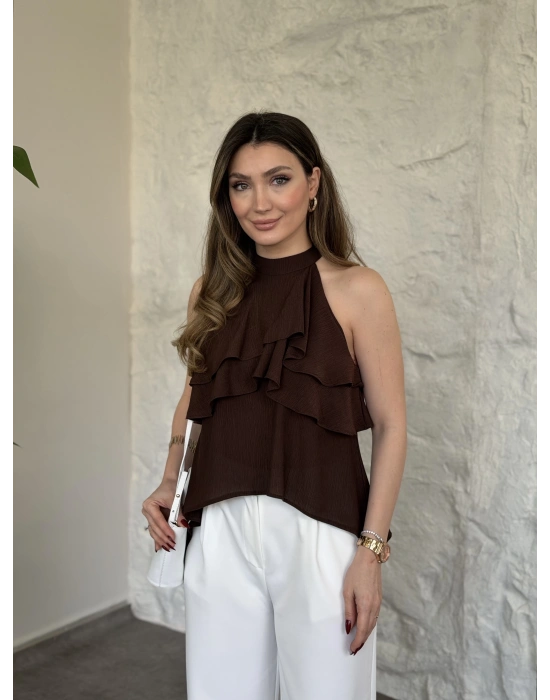 Liosel sıfırkol kat kat bluz kahve