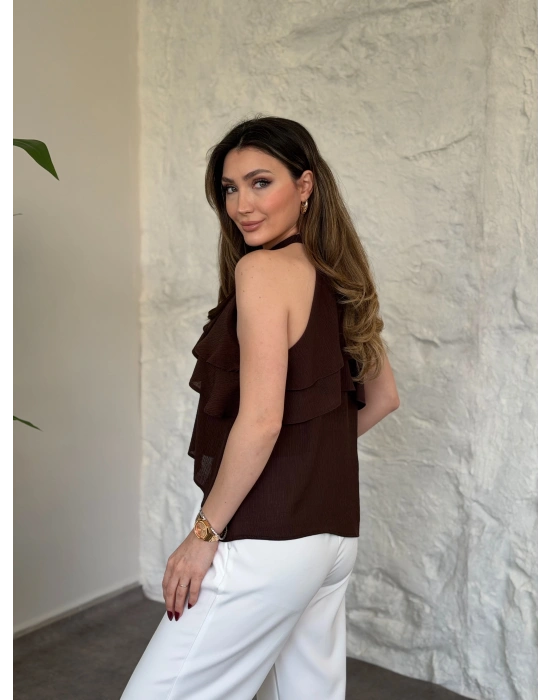 Liosel sıfırkol kat kat bluz kahve