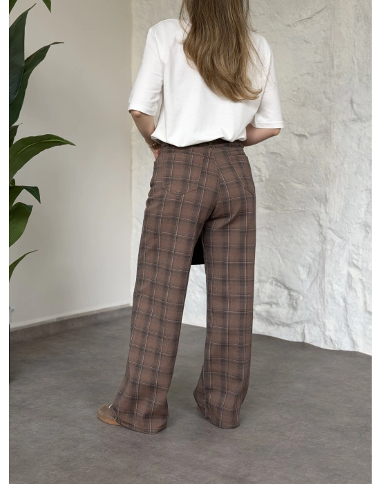 Ekose desenli bol paça denim pantolon