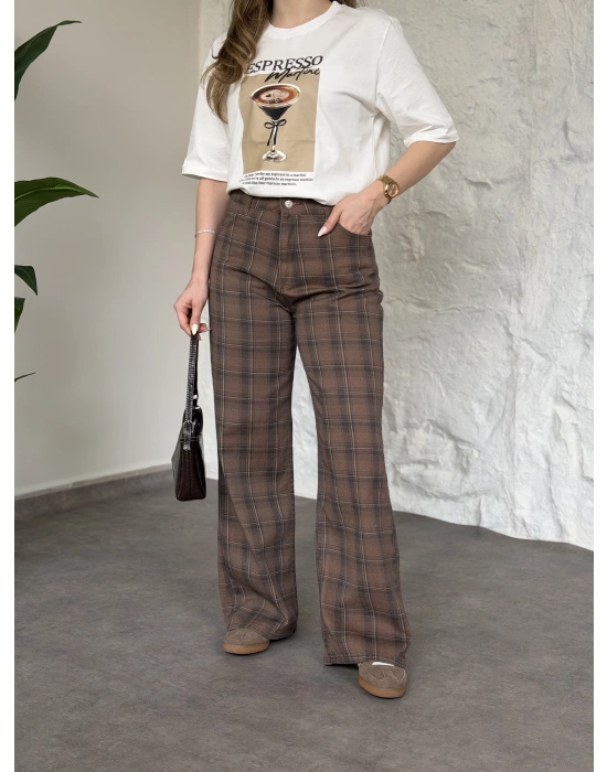 Ekose desenli bol paça denim pantolon