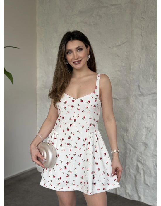 Çiçek desenli askılı mini elbise