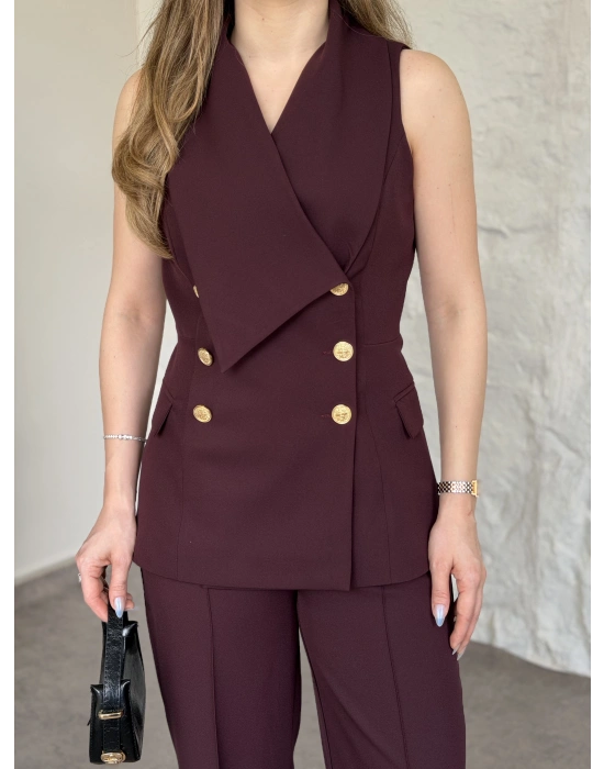 Kruvaze yaka gold düğmeli takım bordo
