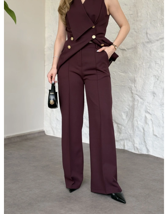 Kruvaze yaka gold düğmeli takım bordo