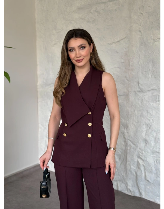 Kruvaze yaka gold düğmeli takım bordo