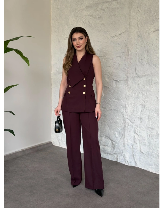 Kruvaze yaka gold düğmeli takım bordo