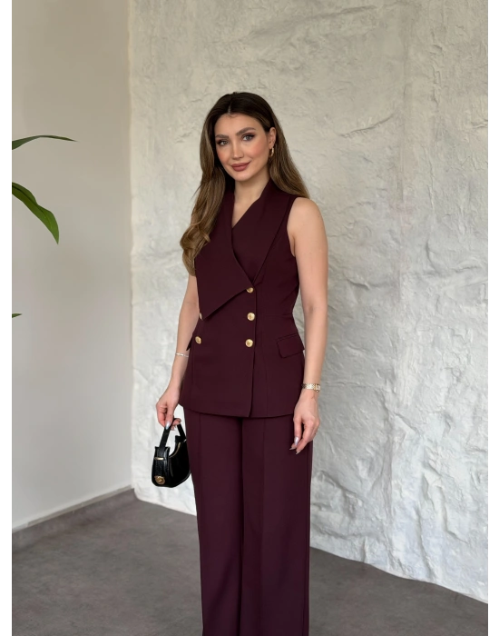 Kruvaze yaka gold düğmeli takım bordo