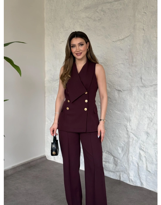 Kruvaze yaka gold düğmeli takım bordo