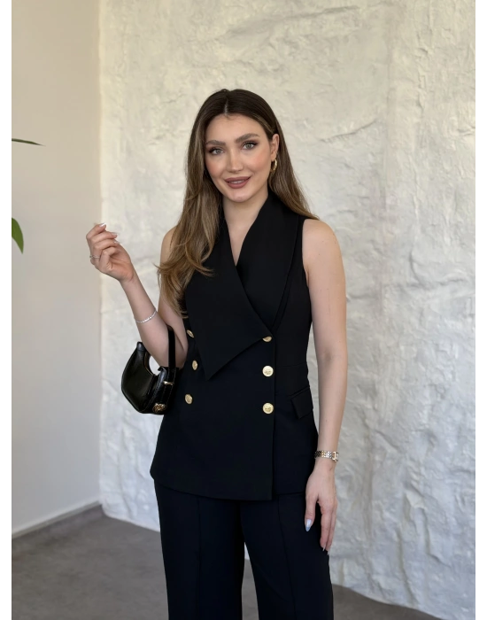 Kruvaze yaka gold düğmeli takım siyah