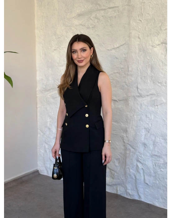 Kruvaze yaka gold düğmeli takım siyah