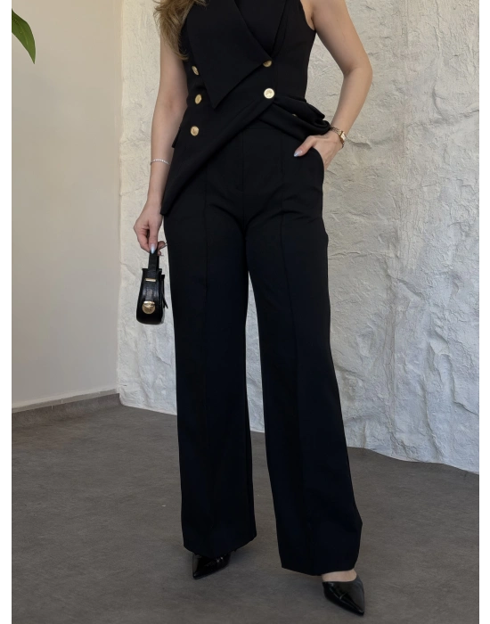 Kruvaze yaka gold düğmeli takım siyah