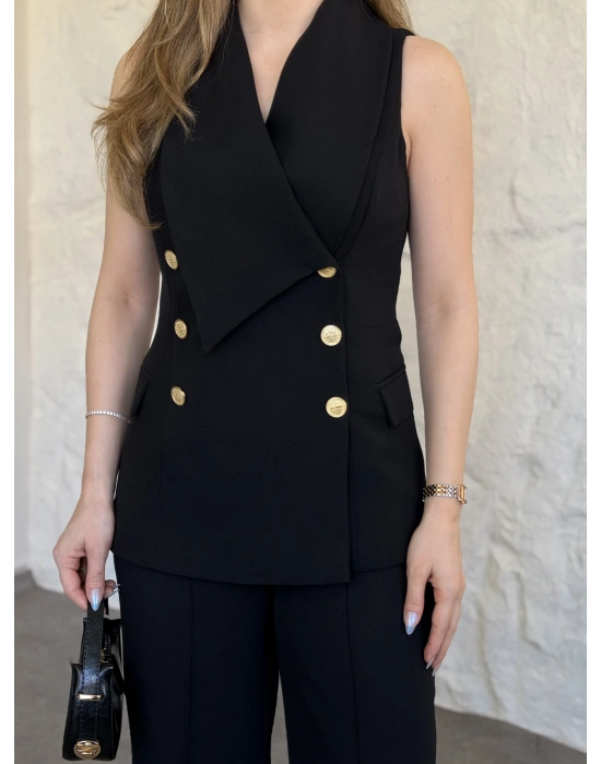Kruvaze yaka gold düğmeli takım siyah