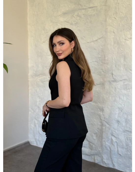 Kruvaze yaka gold düğmeli takım siyah