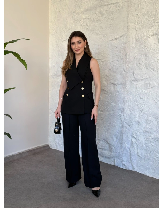 Kruvaze yaka gold düğmeli takım siyah