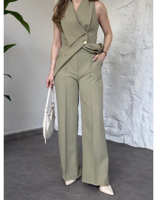 Kruvaze yaka gold düğmeli takım yeşil