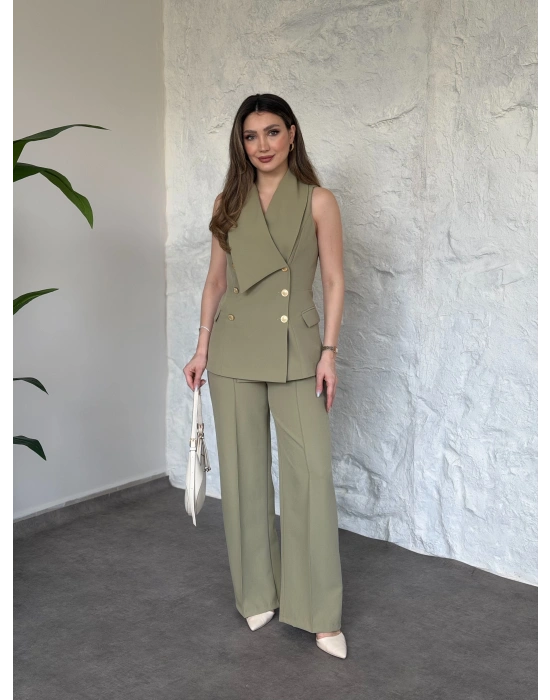 Kruvaze yaka gold düğmeli takım yeşil