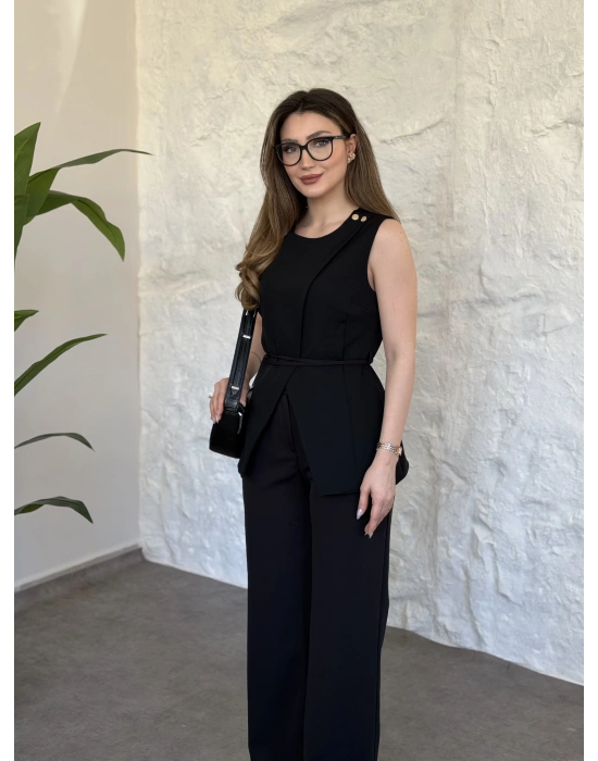 Omuz düğmeli önü üçgen kesim takım siyah