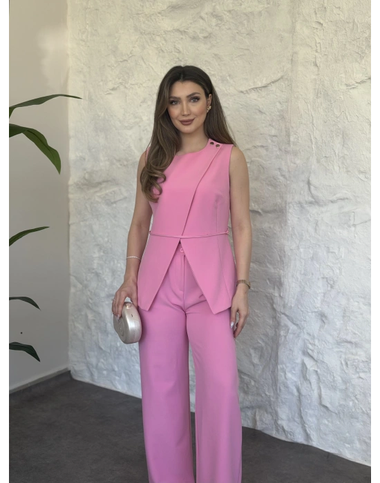 Omuz düğmeli önü üçgen kesim takım pembe