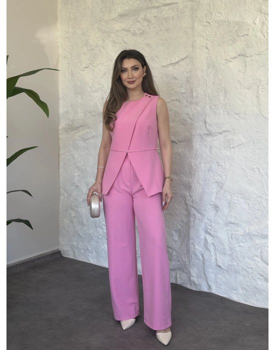 Omuz düğmeli önü üçgen kesim takım pembe