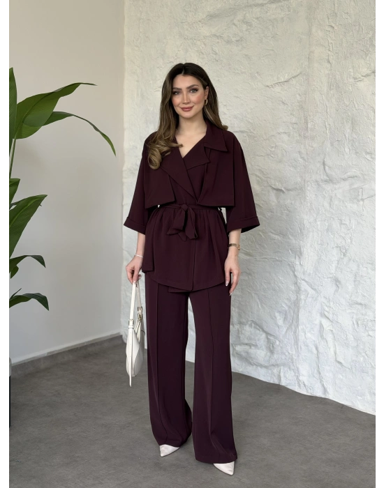 Trenç görünümlü belinden kuşaklı tivil takım bordo