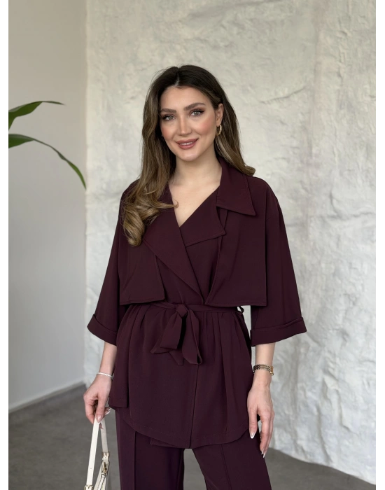 Trenç görünümlü belinden kuşaklı tivil takım bordo