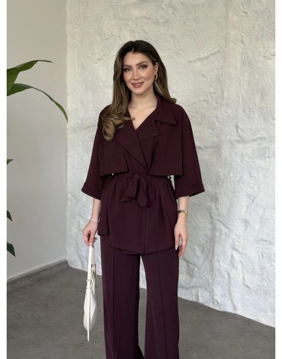 Trenç görünümlü belinden kuşaklı tivil takım bordo