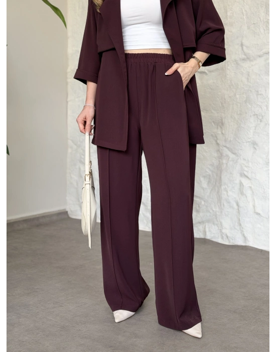 Trenç görünümlü belinden kuşaklı tivil takım bordo