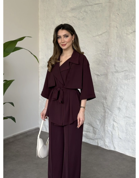 Trenç görünümlü belinden kuşaklı tivil takım bordo