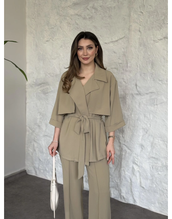 Trenç görünümlü belinden kuşaklı tivil takım yeşil