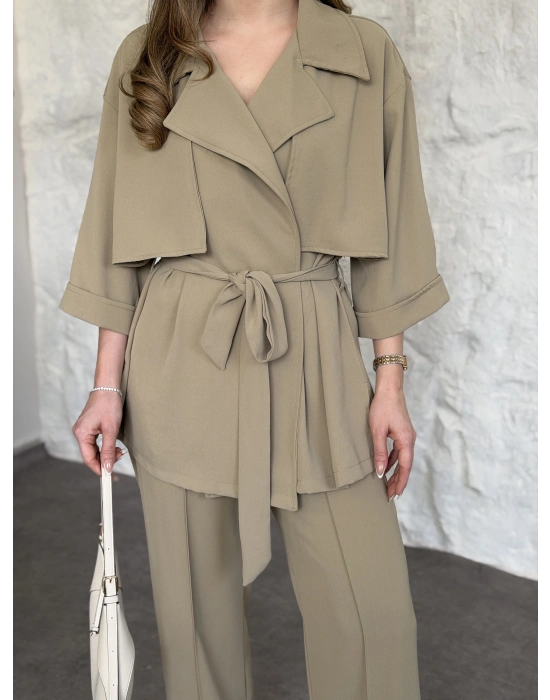 Trenç görünümlü belinden kuşaklı tivil takım yeşil