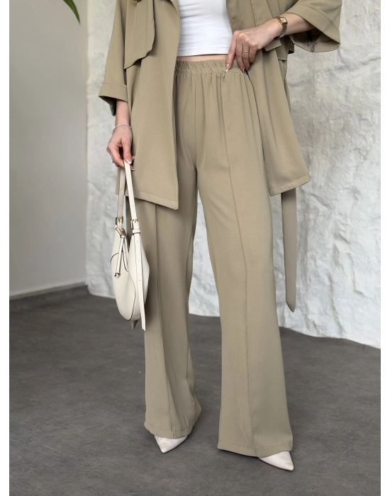 Trenç görünümlü belinden kuşaklı tivil takım yeşil