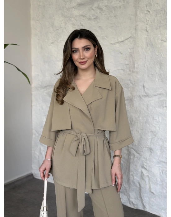 Trenç görünümlü belinden kuşaklı tivil takım yeşil