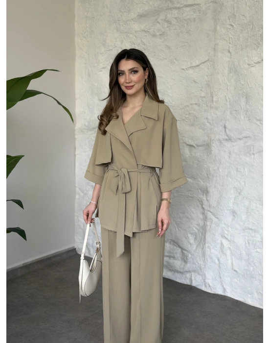 Trenç görünümlü belinden kuşaklı tivil takım yeşil