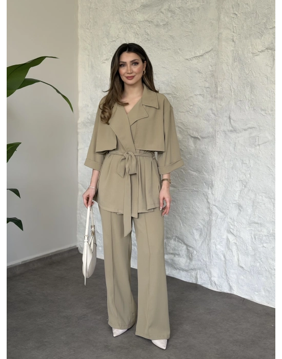 Trenç görünümlü belinden kuşaklı tivil takım yeşil