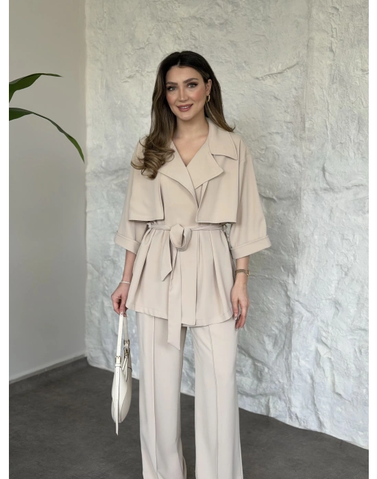Trenç görünümlü belinden kuşaklı tivil takım krem