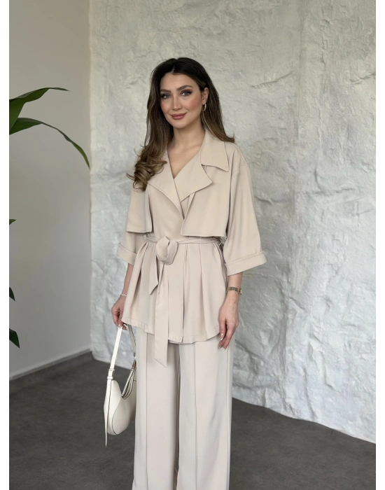 Trenç görünümlü belinden kuşaklı tivil takım krem