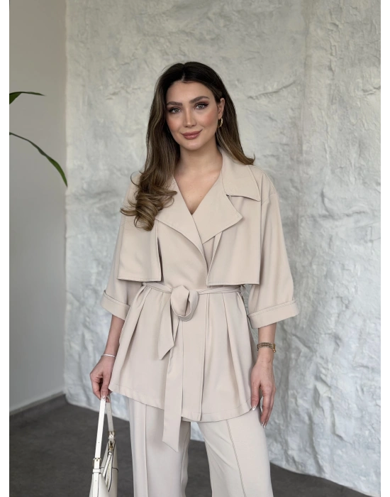 Trenç görünümlü belinden kuşaklı tivil takım krem