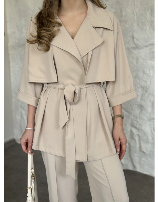 Trenç görünümlü belinden kuşaklı tivil takım krem
