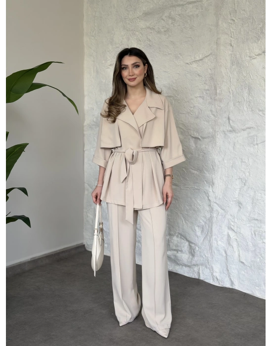 Trenç görünümlü belinden kuşaklı tivil takım krem