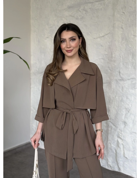 Trenç görünümlü belinden kuşaklı tivil takım vizon