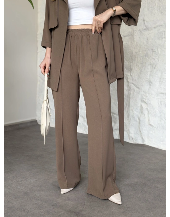 Trenç görünümlü belinden kuşaklı tivil takım vizon