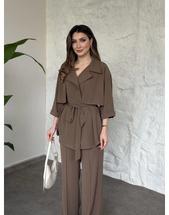 Trenç görünümlü belinden kuşaklı tivil takım vizon