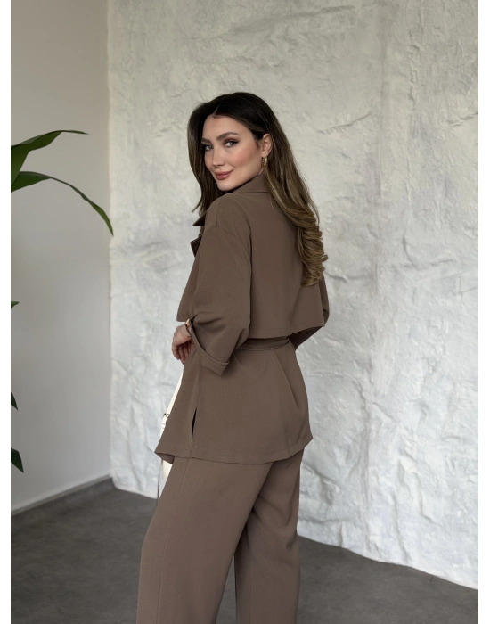 Trenç görünümlü belinden kuşaklı tivil takım vizon