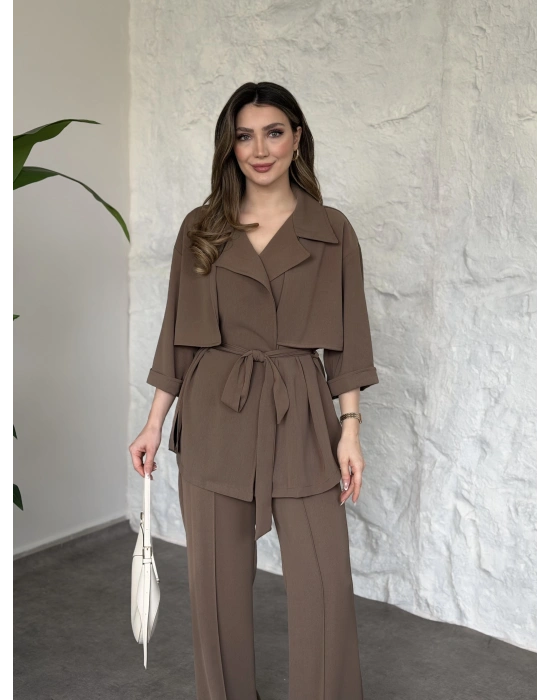 Trenç görünümlü belinden kuşaklı tivil takım vizon