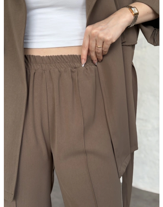 Trenç görünümlü belinden kuşaklı tivil takım vizon