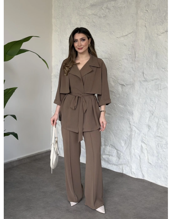 Trenç görünümlü belinden kuşaklı tivil takım vizon