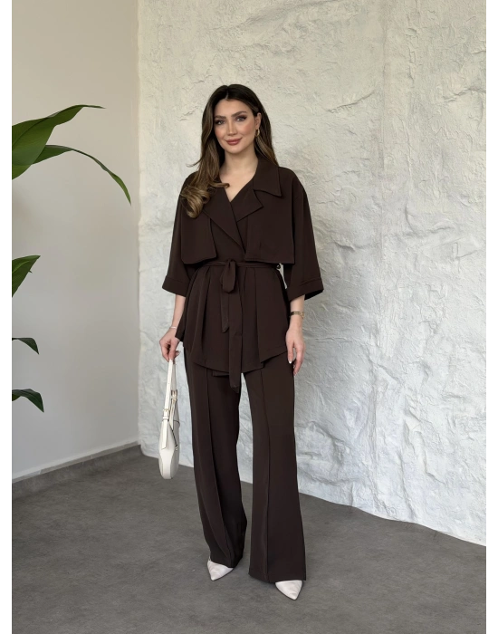 Trenç görünümlü belinden kuşaklı tivil takım kahve